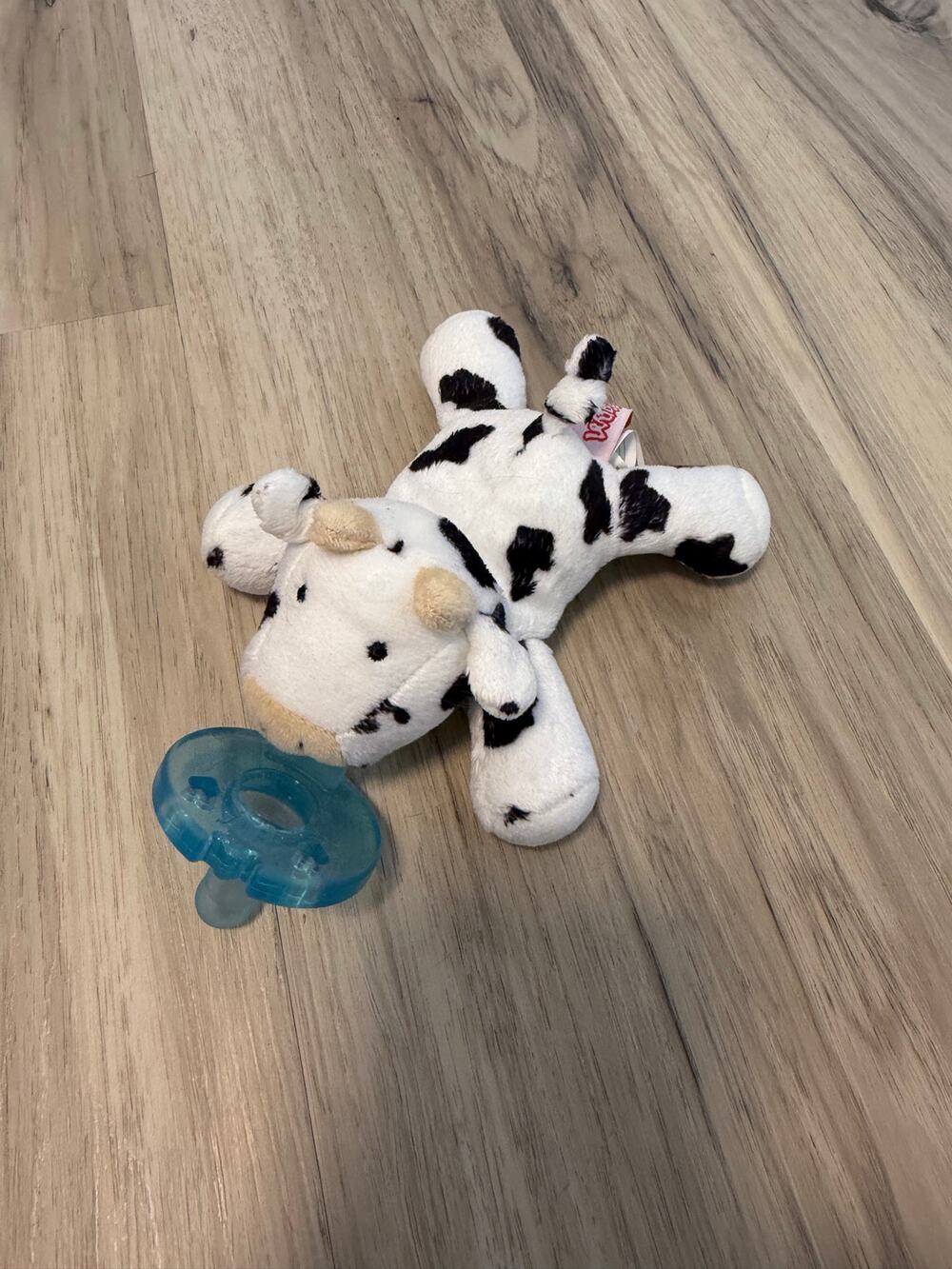 WubbaNub Black White Cow Plush Stuffed Toy With Pacifier Holder Binkie Lovey